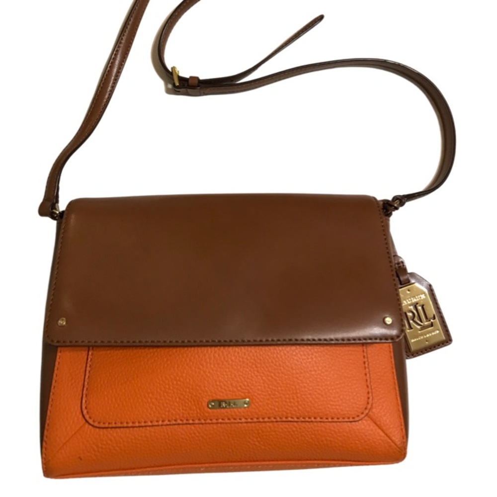 RLL Lauren Ralph Lauren Tangerine and Brown Leather Crossbody